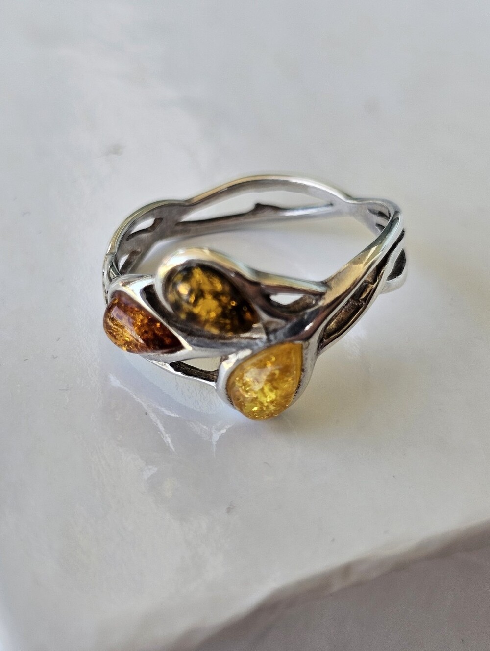 Sterling Silver Amber Teardrop Ring in Yellow and Cognac Size 9